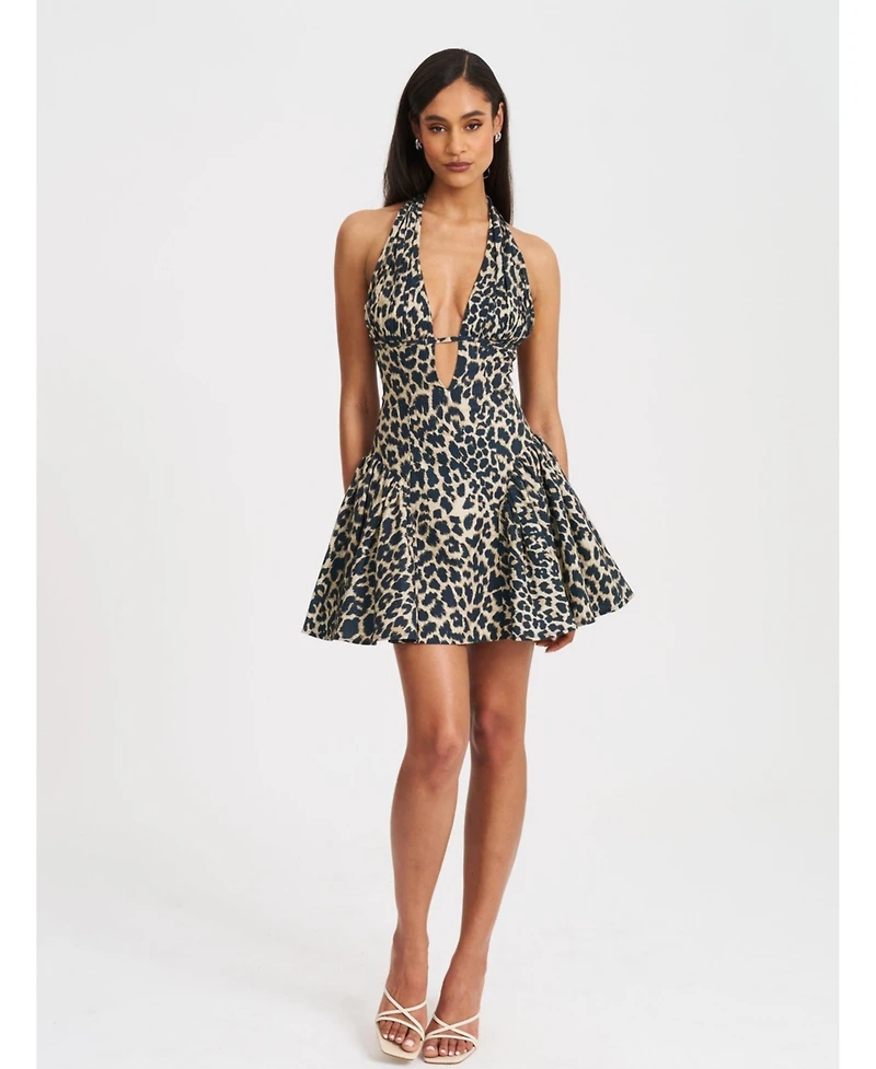 Miss Circle Women's Mackenzie Cheetah Print Halter Linen Mini Dress
