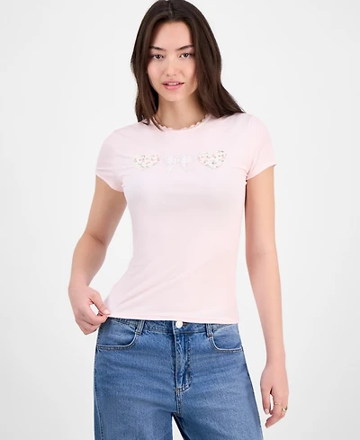 Just Polly Juniors' Applique Picot-Trim T-Shirt
