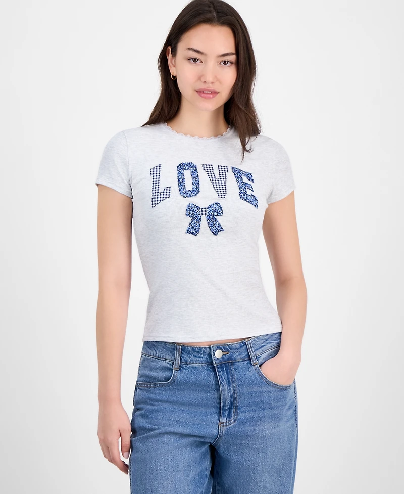 Just Polly Juniors' Applique Picot-Trim T-Shirt