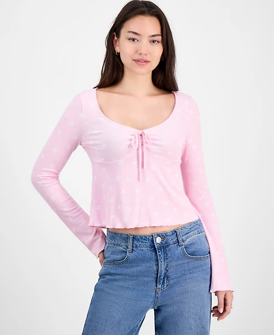 Self-Esteem Juniors' Printed V-Neck Rib Knit Long Sleeve