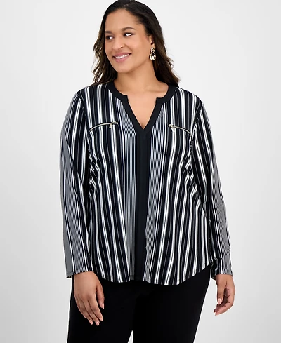 Jm Collection Plus Striped V-Neck Long-Sleeve Top, Exclusively at Macy's