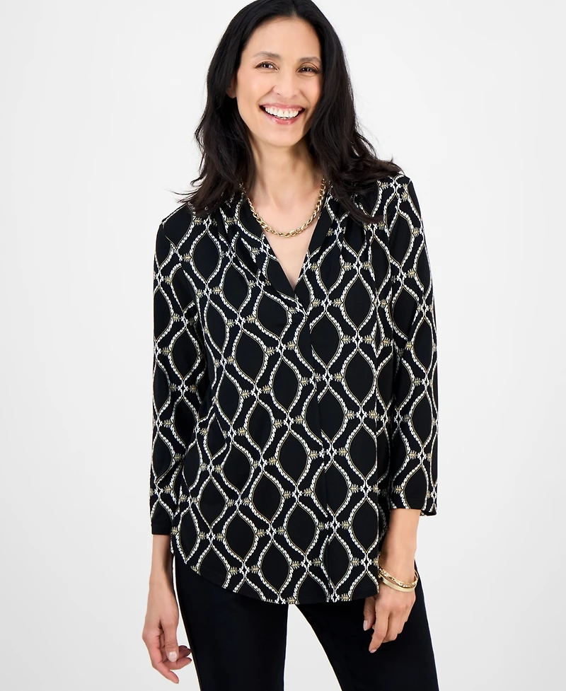Jm Collection Women's Printed 3/4 Sleeve V-Neck Knit Top, Exclusively at Macy's