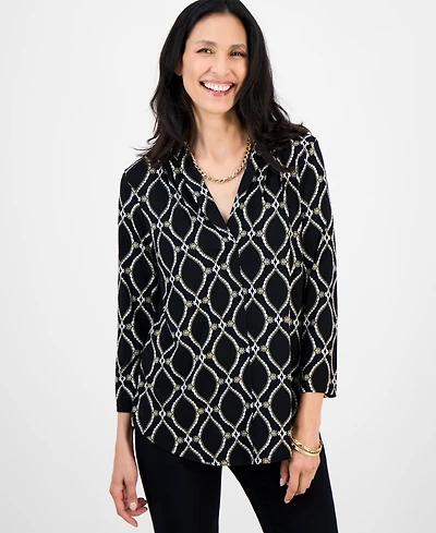 Jm Collection Women's Printed 3/4 Sleeve V-Neck Knit Top, Exclusively at Macy's