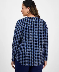 Jm Collection Plus Size Printed V-Neck Long-Sleeve Top