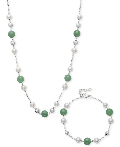 2-Pc. Set Dyed Green Jade & Cultured Freshwater Pearl (6-7mm) Collar Necklace & Bracelet in Sterling Silver