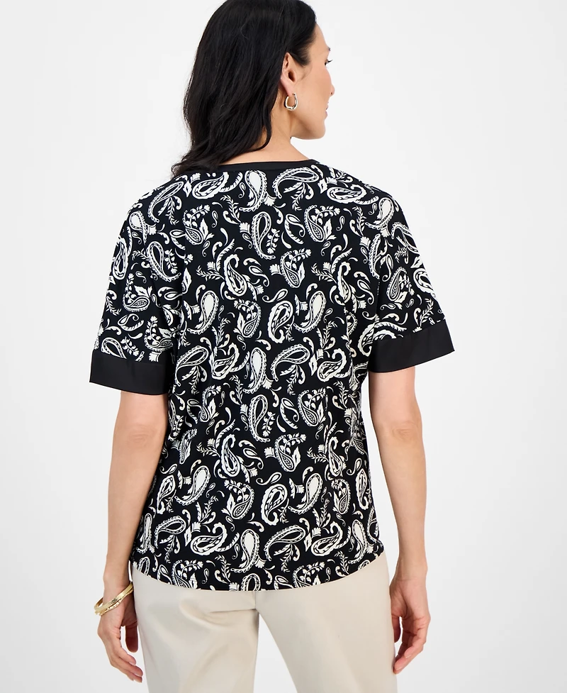Jm Collection Women's Printed Short-Sleeve Satin-Trim Top, Exclusively at Macy's