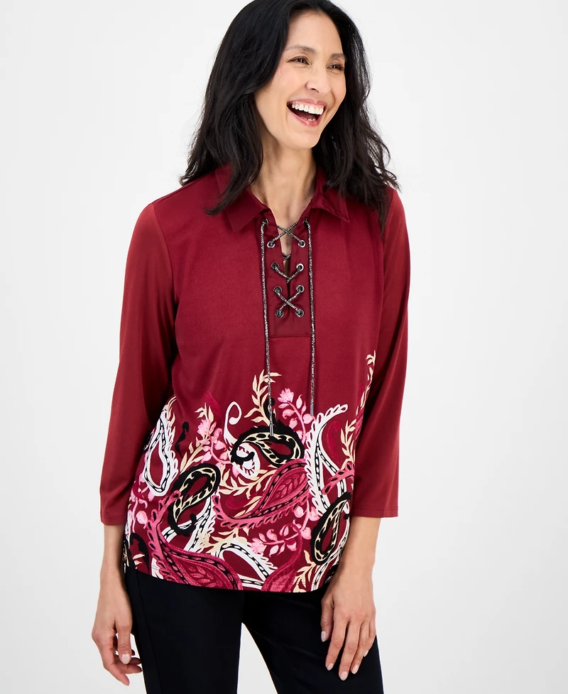 Jm Collection Petite Trailing Paisley Printed Lace-Up Top, Macy's Exclusive