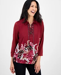 Jm Collection Petite Trailing Paisley Printed Lace-Up Top, Macy's Exclusive
