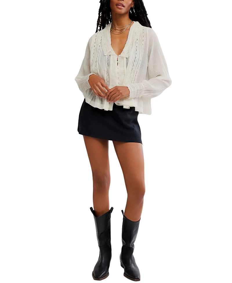 Free People Women's Elodie Lace-Trim Button-Front Blouse