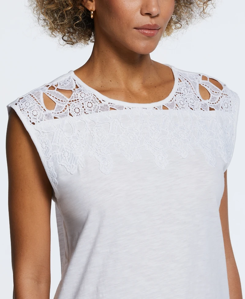 Ella Rafaella Petite Cotton Lace Yoke Top