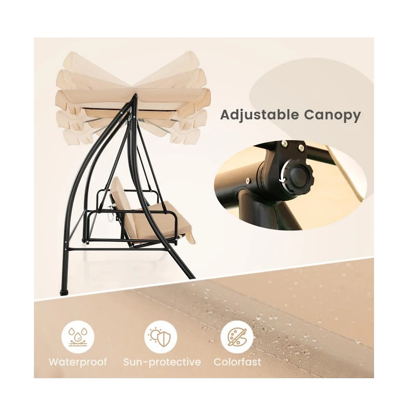 2-Seat Outdoor Convertible Swing Chair with Flat Bed and Adjustable Canopy