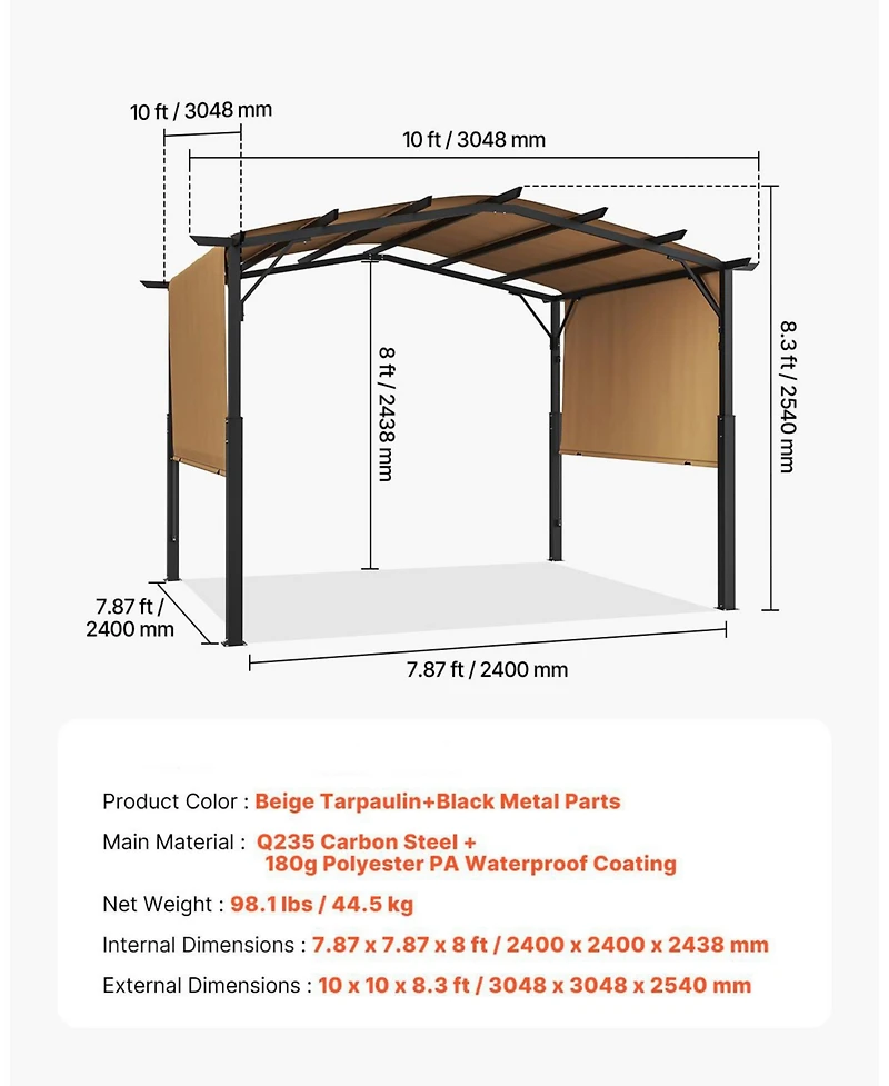 Outdoor Retractable Pergola with Canopy Arched Top Metal Patio Pergola