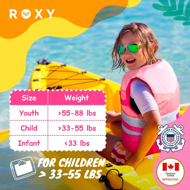 Roxy Life Vest Uscg Approved for kids, Lightweight Epe Foam with Quick-Release Buckles