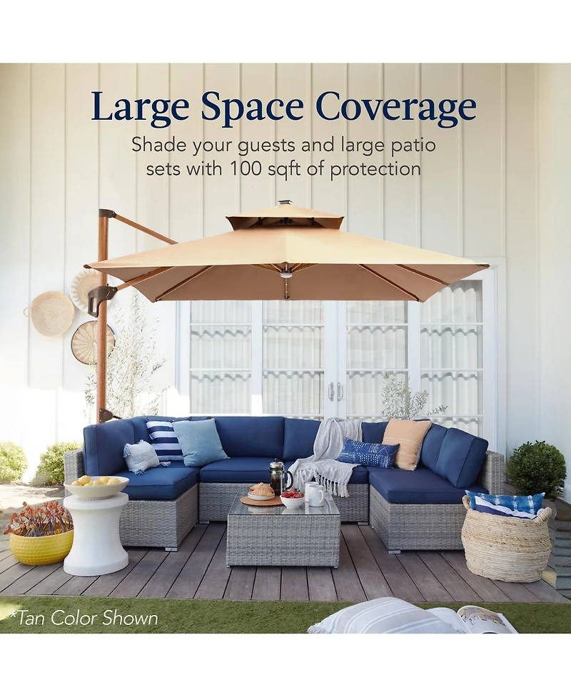 Best Choice Products 10ft Square Woodgrain Pattern 2-Tier Outdoor Solar Led Cantilever Umbrella w/ Base