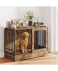 2-in-1 Wooden Dog Crate Furniture for Large Dogs, Heavy-Duty Kennel with Double Doors, Stylish End Table Design