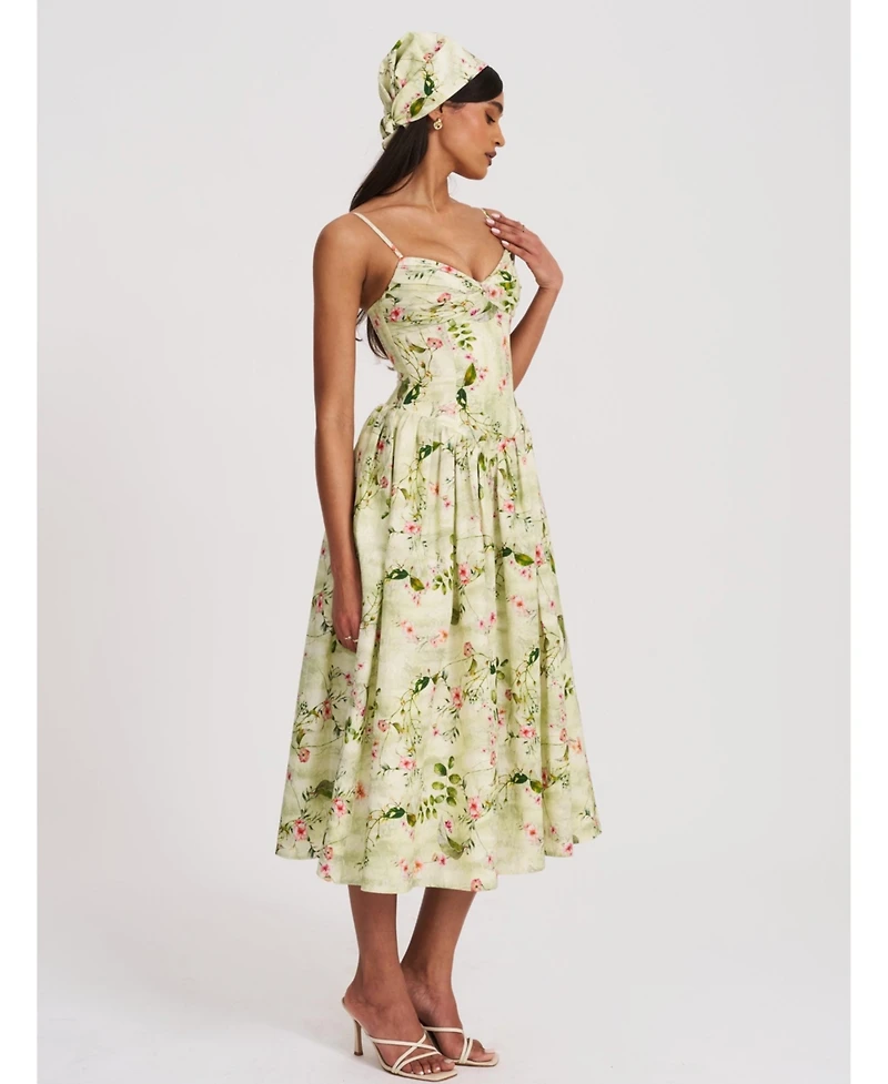 Miss Circle Women's Jacinda Green Floral Print Ruched Breast Linen Midi Dress