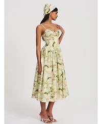 Miss Circle Women's Jacinda Green Floral Print Ruched Breast Linen Midi Dress