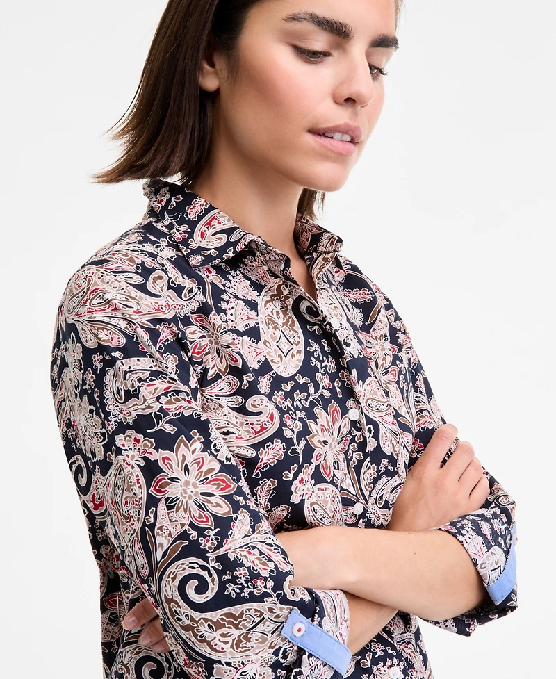 Nautica Jeans Women's Cotton Paisley-Print Roll-Tab Shirt