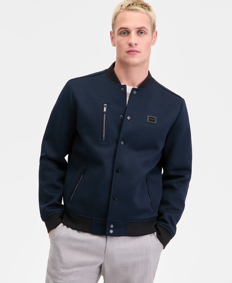 Karl Lagerfeld Men's Textured Varsity Zip Bomber Jacket