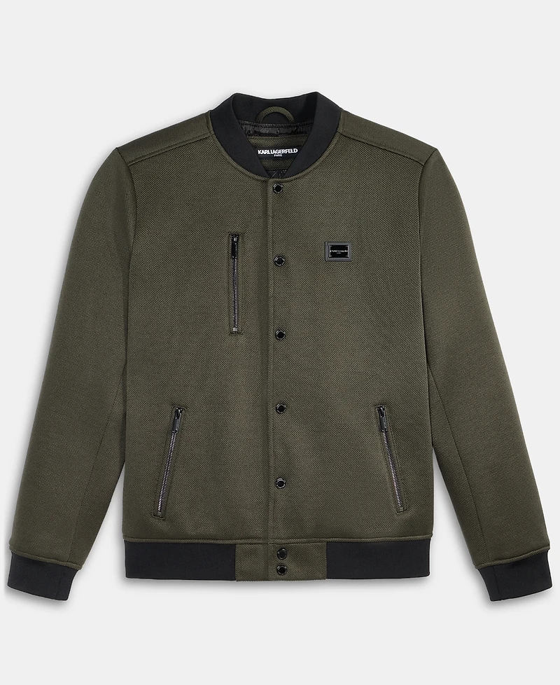 Karl Lagerfeld Men's Textured Varsity Zip Bomber Jacket