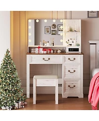 Vlsrka Vanity desk for bedroom with lights, drawers, shelves, stool, and mirror.
