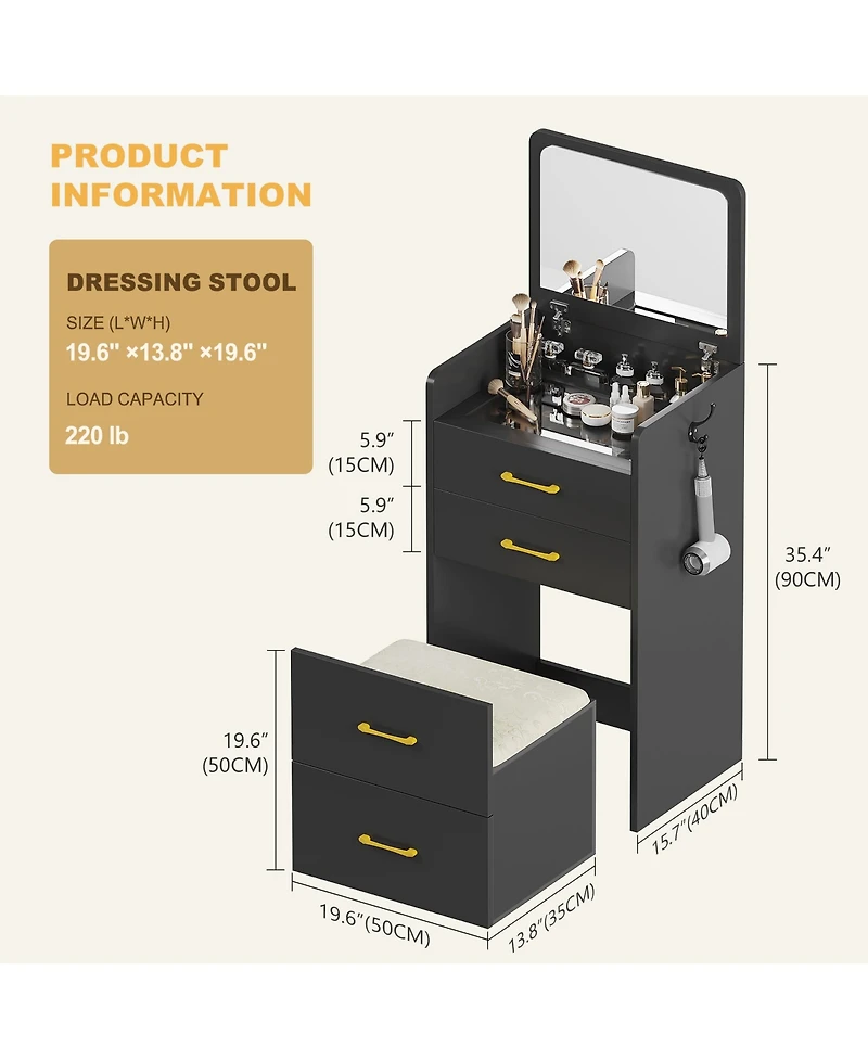 Vlsrka 3-in-1 Vanity Desk with Flip-Top Mirror, Glass Top, 3 Drawers, and Stool