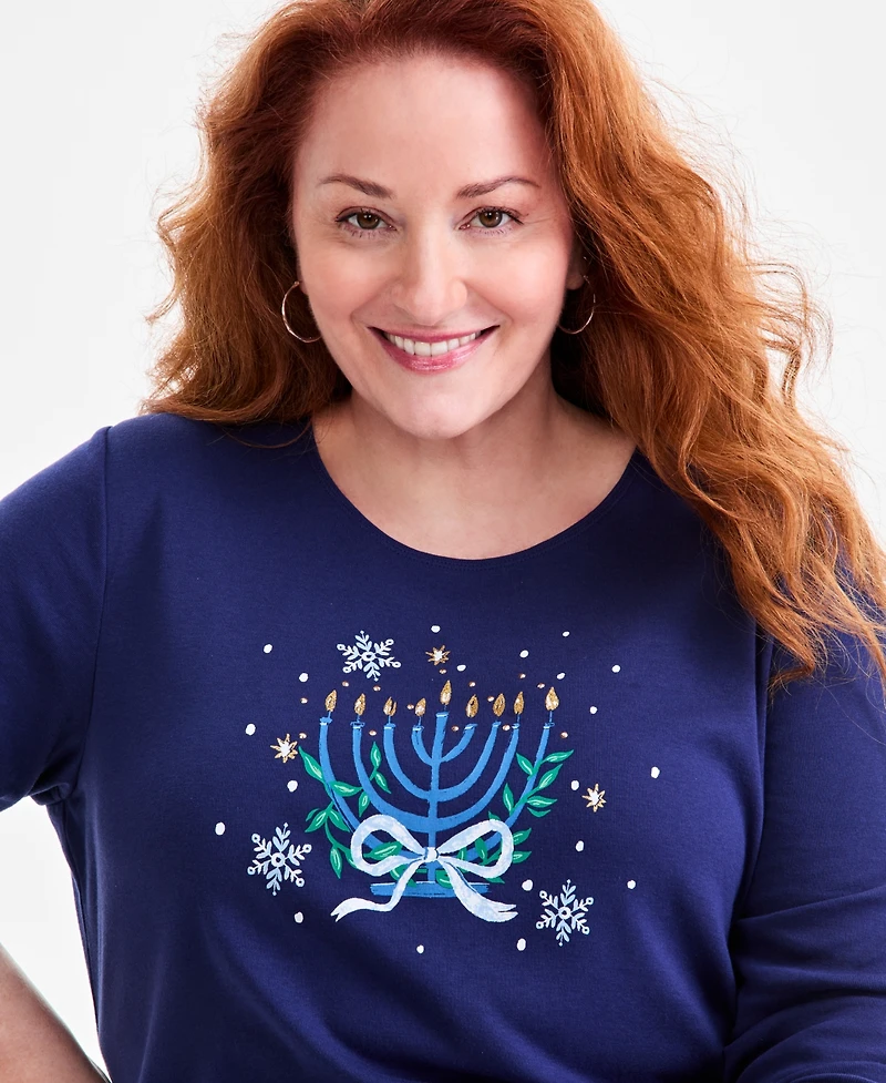 Holiday Lane Plus Size Menorah Long-Sleeve T-Shirt, Macy's Exclusive