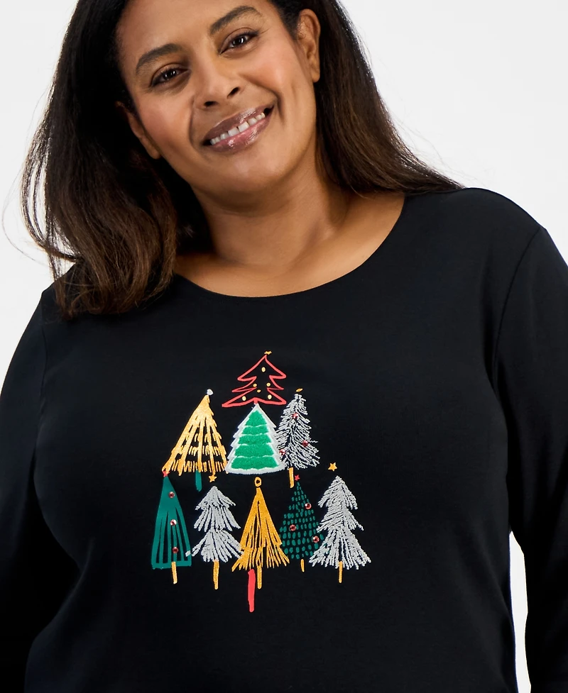 Holiday Lane Plus Festive Tree Long-Sleeve T-Shirt, Macy's Exclusive