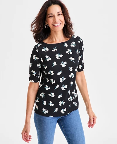 Style & Co Women's Printed Boat-Neck Elbow-Sleeve Knit Top, Macy's Exclusive