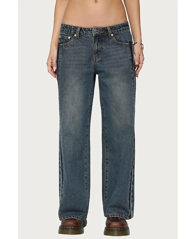 Edikted Womens Petite Contrast Panel Low Rise Jeans