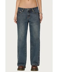 Edikted Womens Petite Contrast Panel Low Rise Jeans