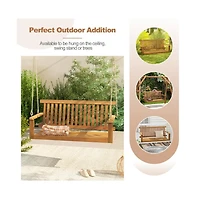 2-Seat Acacia Wood Porch Swing Bench with 2 Hanging Hemp Ropes
