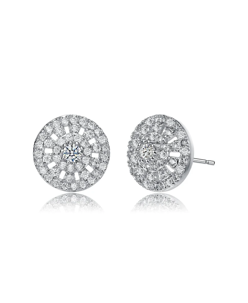 Rachel Glauber White Gold Plating with Clear Cubic Zirconia Halo Stud Earrings