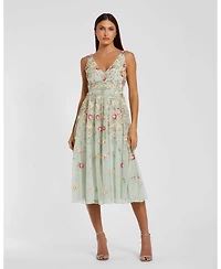 Mac Duggal Women's Deep V-Neck Embroidered Midi Dress