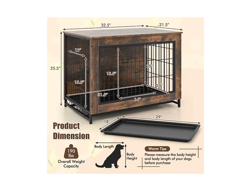 Dog Crate Furniture with Double Lockable Doors and Removable Pull-out Tray