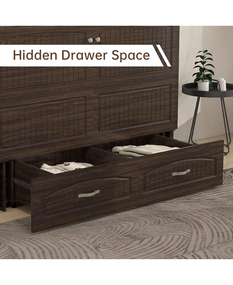 livelylodge Queen Murphy Bed Cabinet with Charging Station for Guest Room, Black Walnut Queen Hideaway Murphy Bed with Storage Drawer and Shelves