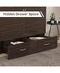 livelylodge Queen Murphy Bed Cabinet with Charging Station for Guest Room, Black Walnut Queen Hideaway Murphy Bed with Storage Drawer and Shelves