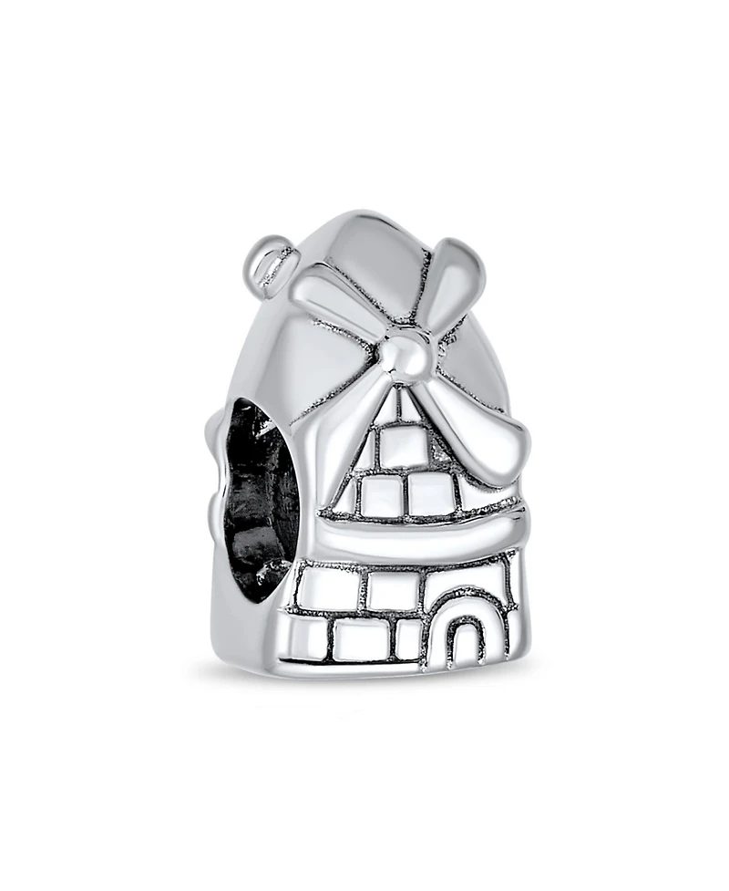 Bling Jewelry Set of 2 Holland Windmill & Love Grows Floral Heart Cz Accent Charm Bead in Oxidized Sterling Silver