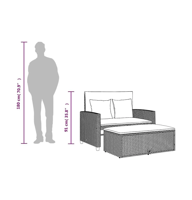 vidaXL Patio Sofa with Cushions 2-Seater Gray Poly Rattan
