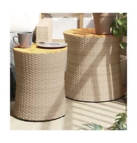 vidaXL Patio Side Tables 2 pcs with Wooden Top Beige Poly Rattan