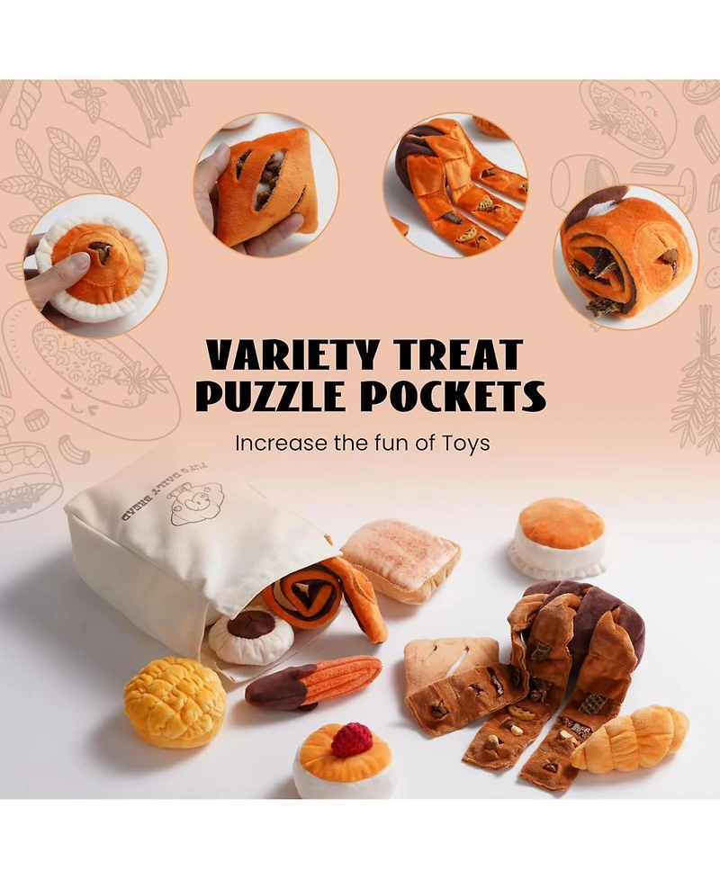 Nocciola 10 Pcs Bread Dog Toy Set with a Grocery Bag,Christmas gift, Crinkle Squeaky Plush Puppy Toys