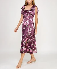Row A Juniors' Satin Printed Fit & Flare Midi Dress