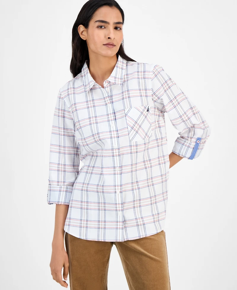 Nautica Jeans Women's Providence Plaid Cotton Roll-Tab-Sleeve Shirt