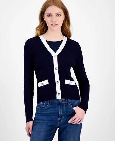 Tommy Hilfiger Women's Contrast Trim V-Neck Button-Front Cardigan