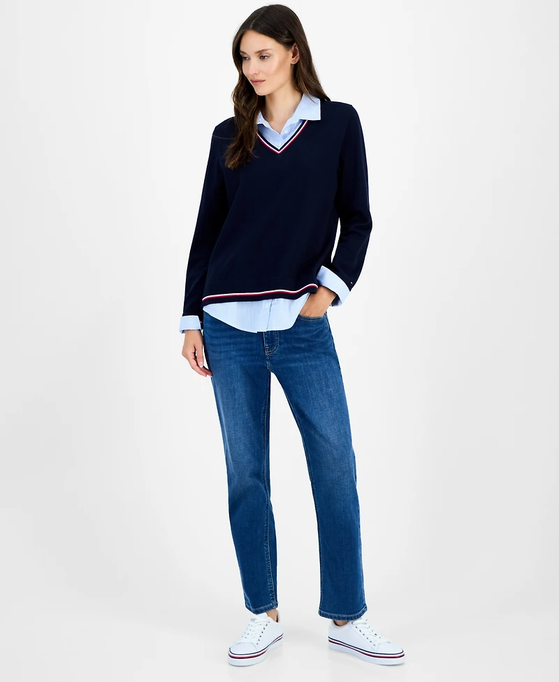 Tommy Hilfiger Women's Cotton Twofer V-Neck Long-Sleeve Sweater