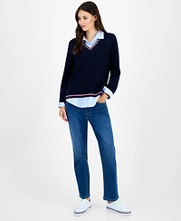 Tommy Hilfiger Women's Cotton Twofer V-Neck Long-Sleeve Sweater