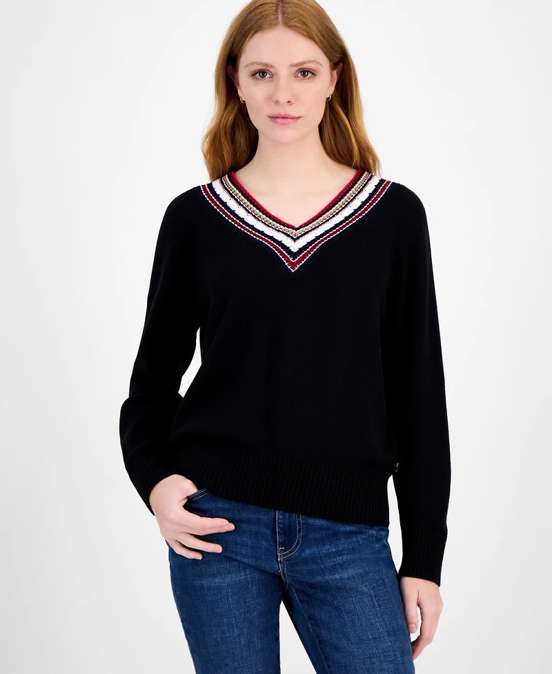 Tommy Hilfiger Women's Textured V Neck Sweater