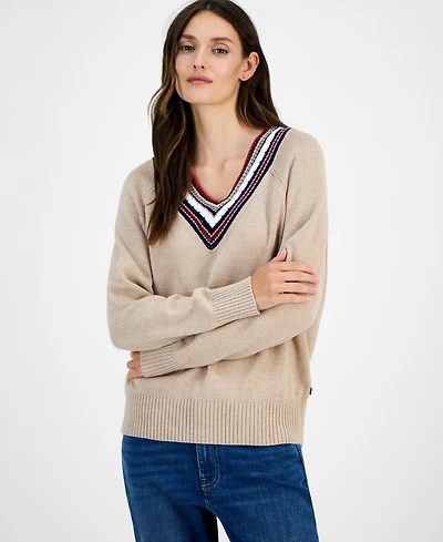 Tommy Hilfiger Women's Textured V Neck Sweater