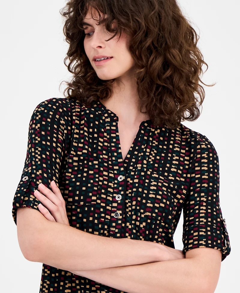 Ak Anne Klein Women's Printed Roll-Tab Top
