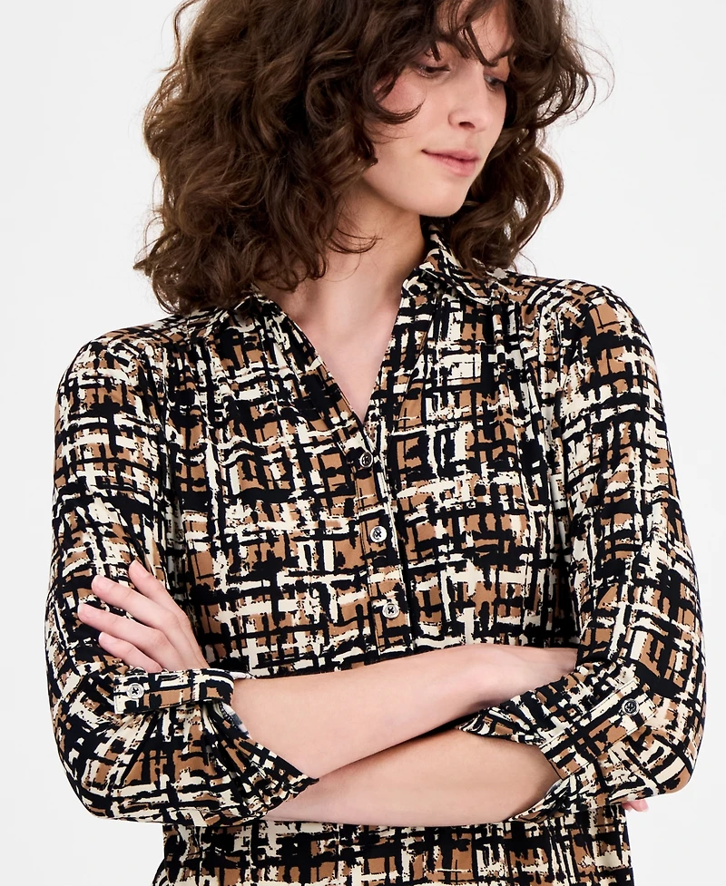 Ak Anne Klein Women's Printed Ruched-Tab Shirt